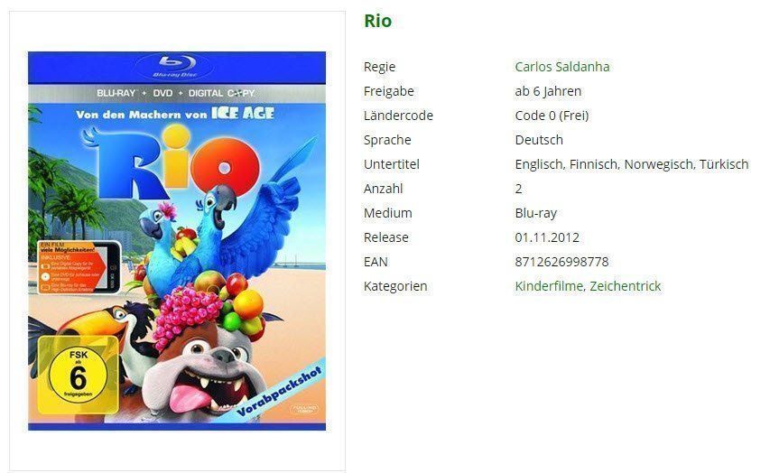 Tutti i DVDs: Rio (Bluray und DVD) – Usato da Buchrain venduto da Sssschaller