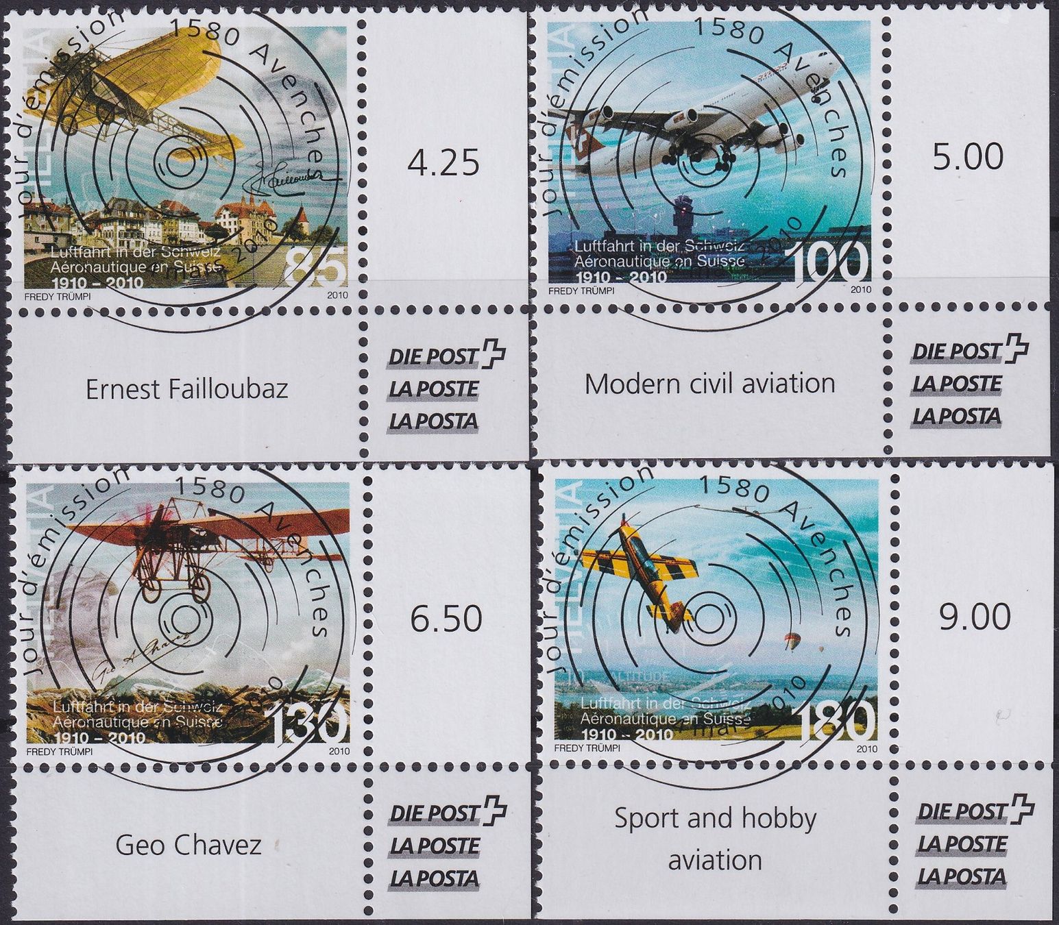 Alle Briefmarken: 2010, Nr.1338-1341 "Luftfahrt" mit ET-Voll-Stempel +ECKTABS. – Gebraucht aus Sursee von Luzernerraute