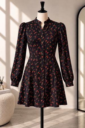 Damen Kleid schwarz mit Blumenmuster langarm neuwertig