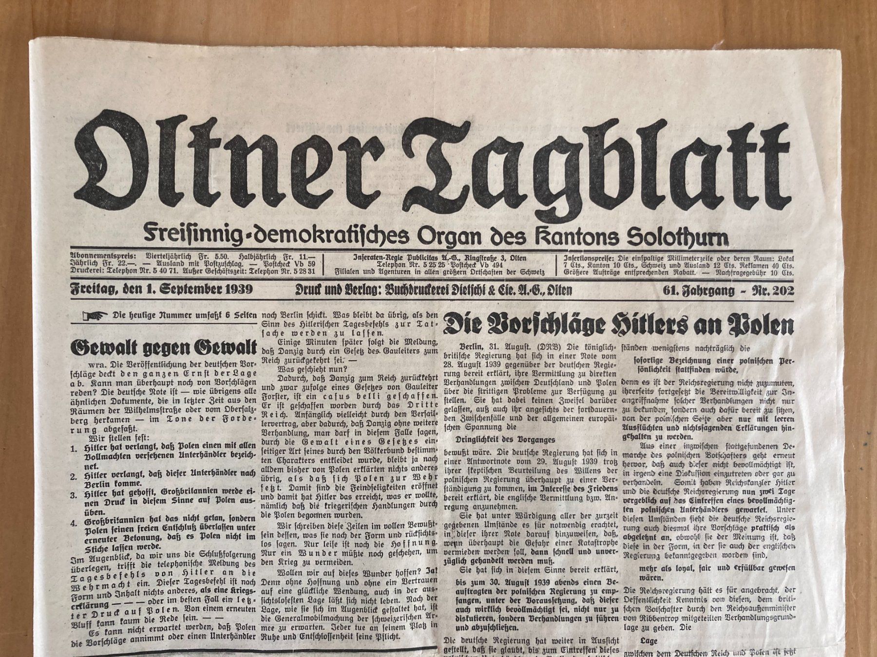 Riviste & Magazine: Oltner Tagblatt , Freitag 1. September 1939 – Usato da Subingen venduto da ArtBead 1