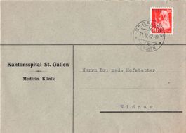 Bedarfsbrief 1942 Portofreiheitsmarke, Kantonsspital SG