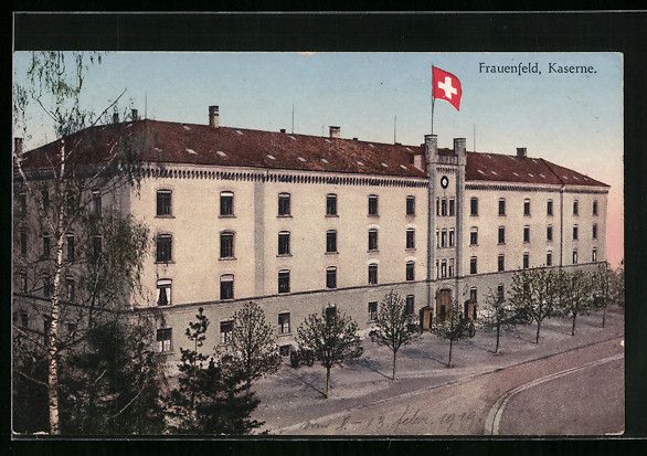 Cartoline postali: Frauenfeld, Kaserne mit schweizer Flagge – Usato da Berlin venduto da bartko-reher