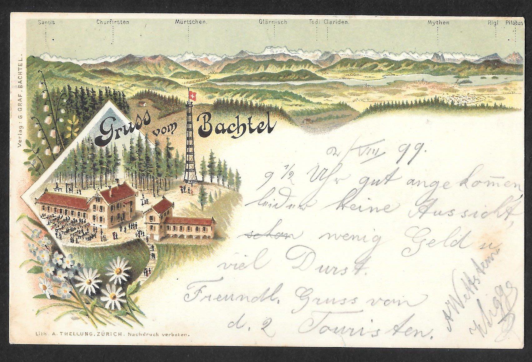 Ansichtskarten: Hinwil Gruss vom Bachtel farbige Lithografie – Gebraucht aus Olten von clotaldi