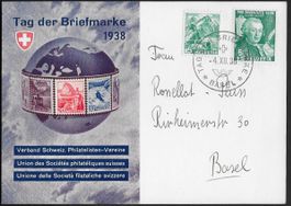 1938 Sonde-Karte o BASEL Tag d. BM speziell frankiert ab 1.-