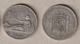Spanien, 5 Pesetas 1870, Silber