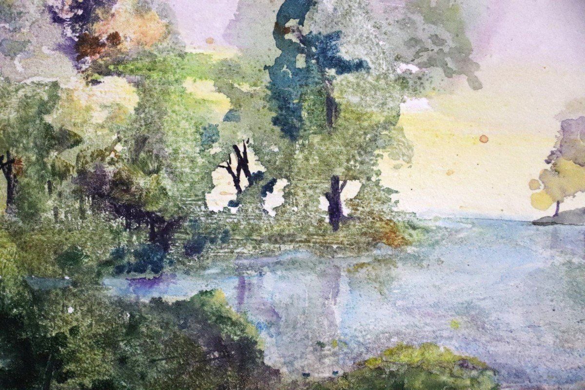 Dipinti: Melitta Progsch, Mischtechnik/Papier, Seeufer im Herbst – Usato da Zug venduto da Kunst-Fundgrube 3