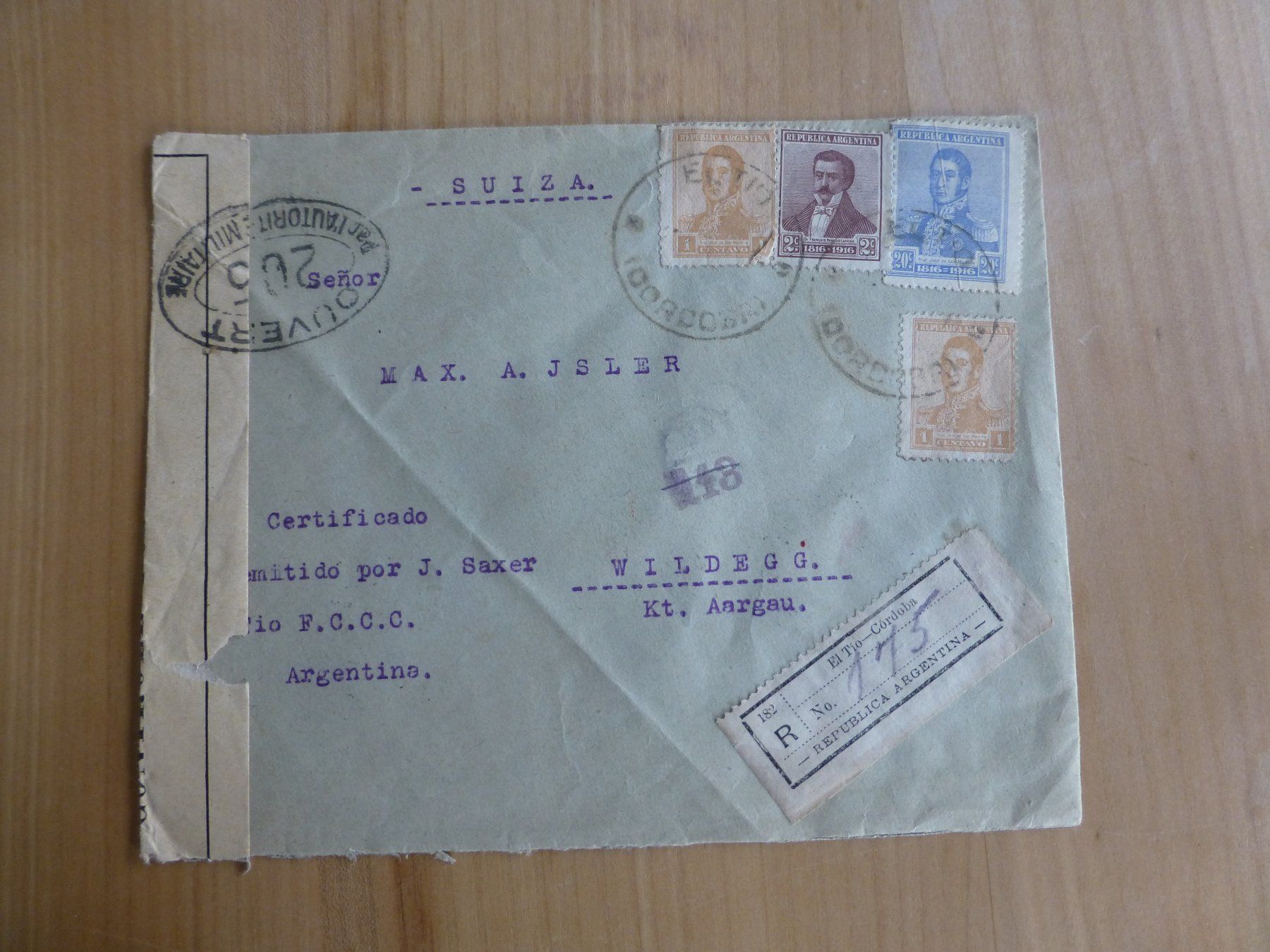 Tutti i francobolli: Argentinien, Zensurbrief nach Wildegg 1917 – Usato da Bettlach venduto da 1saurer