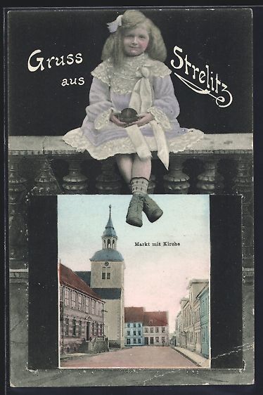 Cartoline postali: Grusskarten-AK Strelitz, Markt mit Kirch – Usato da Berlin venduto da bartko-reher