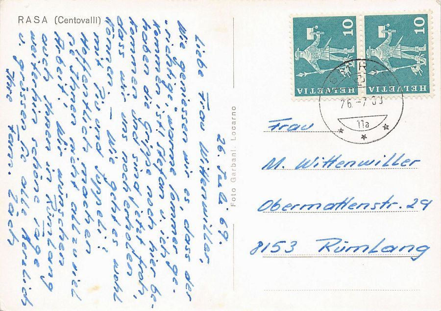 Cartoline postali: Rasa (Centovalli), circolata 1969 – Usato da Frauenfeld venduto da POML 1