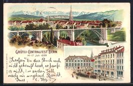 Litho Bern, Bahnhof, Ortsansicht mit Br