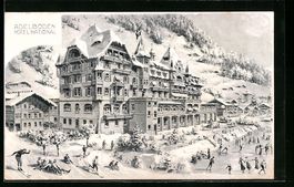 Adelboden, Wintersportler vor dem Hotel 