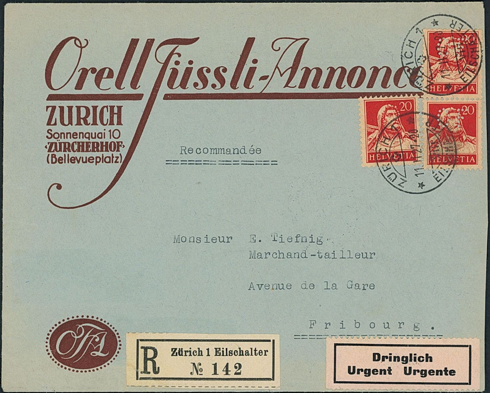 Tutti i francobolli: 1927 - Tellbrustbild - Dringlich R Brief - MeF - Perfin – Usato da Schindellegi venduto da leecollect