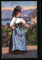 AK Bernerin in Tracht mit Blumen, 1912