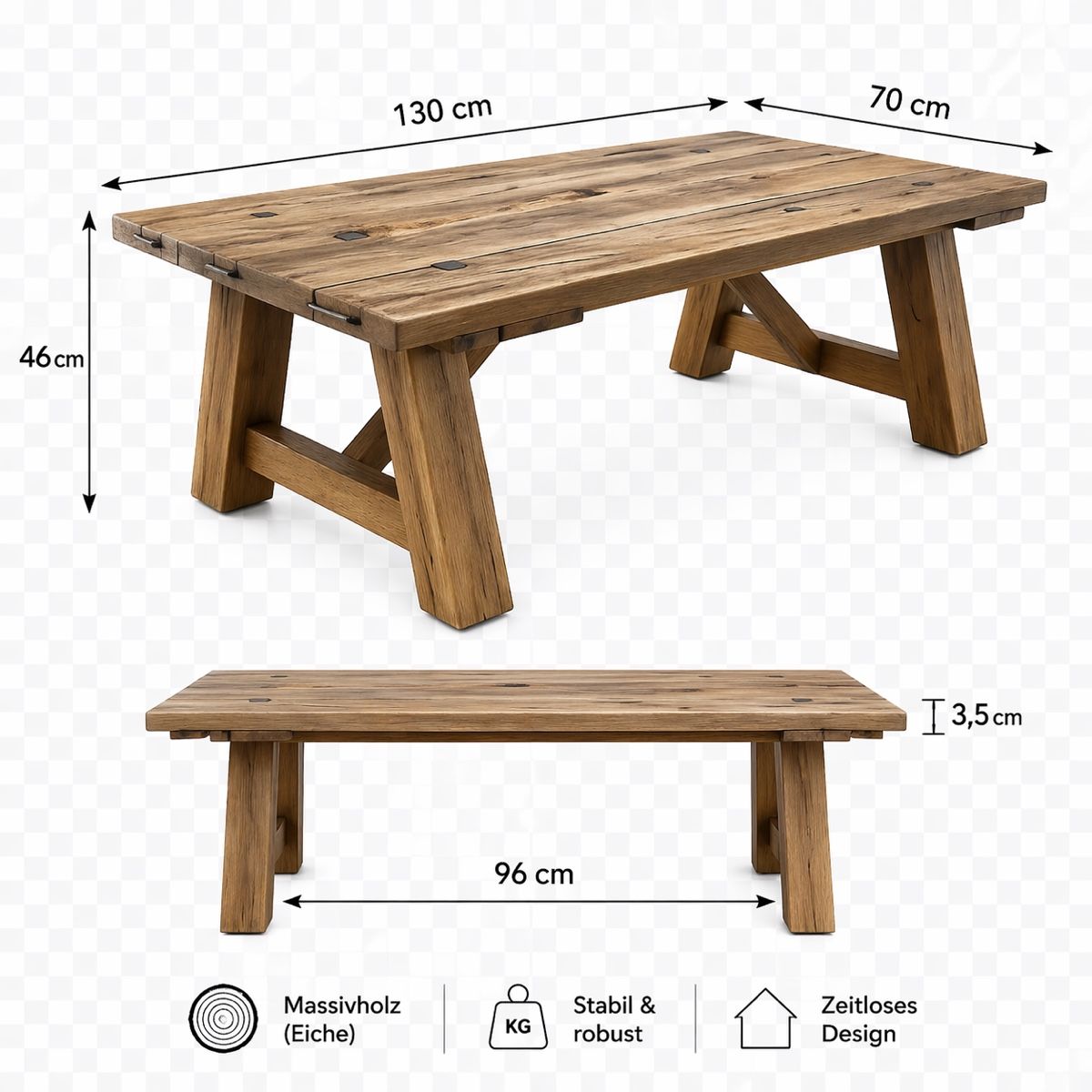 Tavoli: Massiver Eichenholz-Tisch, robust & stabil, 130x70cm – Nuovo (secondo la descrizione) da Veltheim AG venduto da urani07