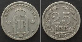 SCHWEDEN 25 Ore 1880 OSCAR II. Silber ss