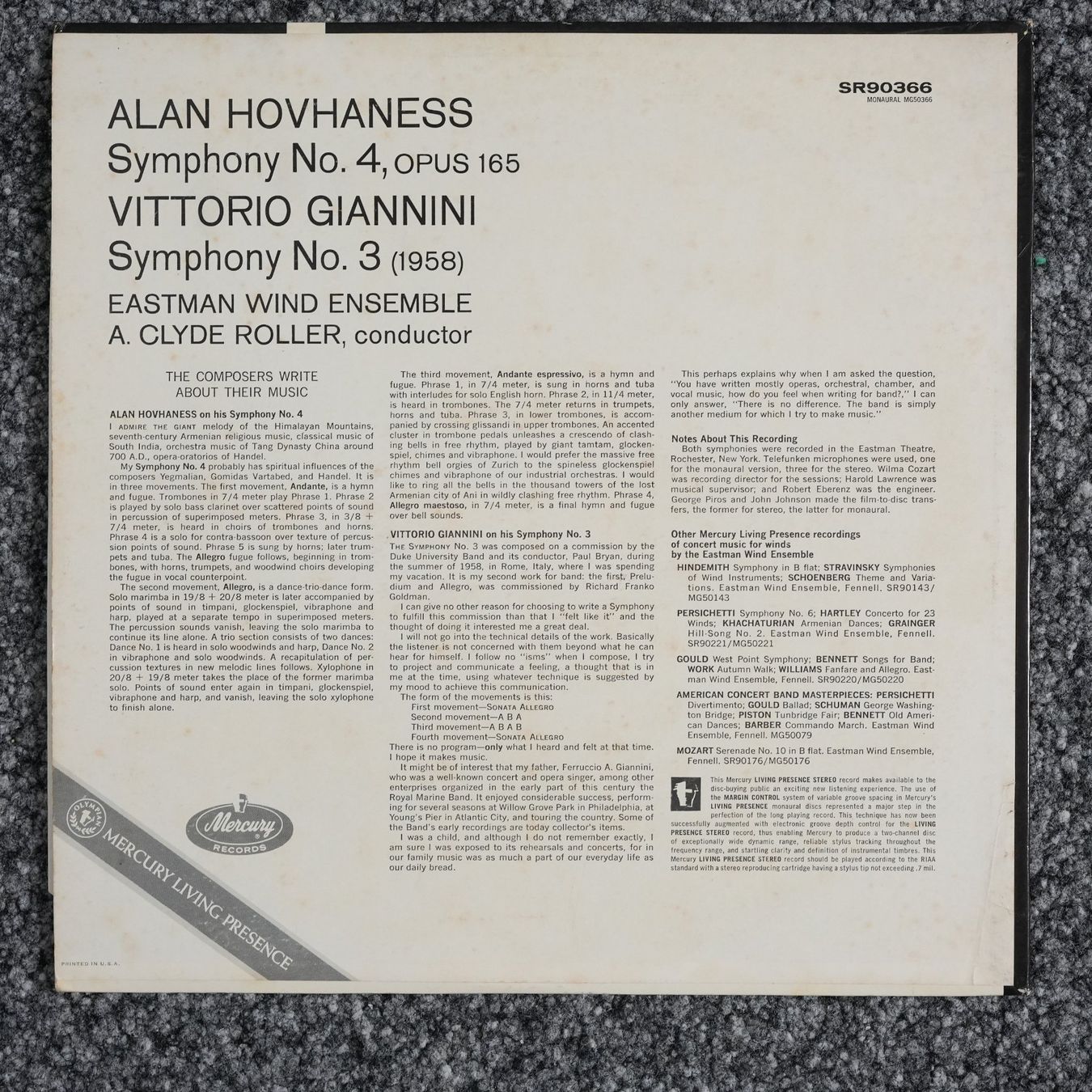 Dischi in vinile: Mercury SR 90366 / Hovhaness / Symphonies – Usato da Brunnen venduto da Techfreak1 1