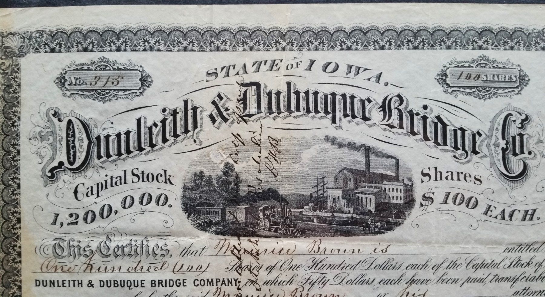 Documenti: Aktie: Dunleith & Dubuque Bridge Company 1874 – Usato da Oberriet SG venduto da ganesh435 1