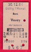 KARTON BILLETT, BERN - VEVEY, 2.KLASSE, RETOUR