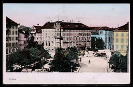 AK St. Gallen, Platz mit Hotel Hecht und Strassenbahn