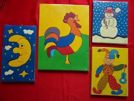 Holz PUZZLES 4 Stück. Güggel, Clown, Mond, Schneemann