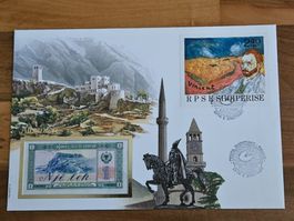 Notenbrief Bankfrische 1-Lek-Banknote aus Albanien