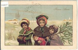 Bonne Annee - Neues Jahr - Drei Mädchen - Litho