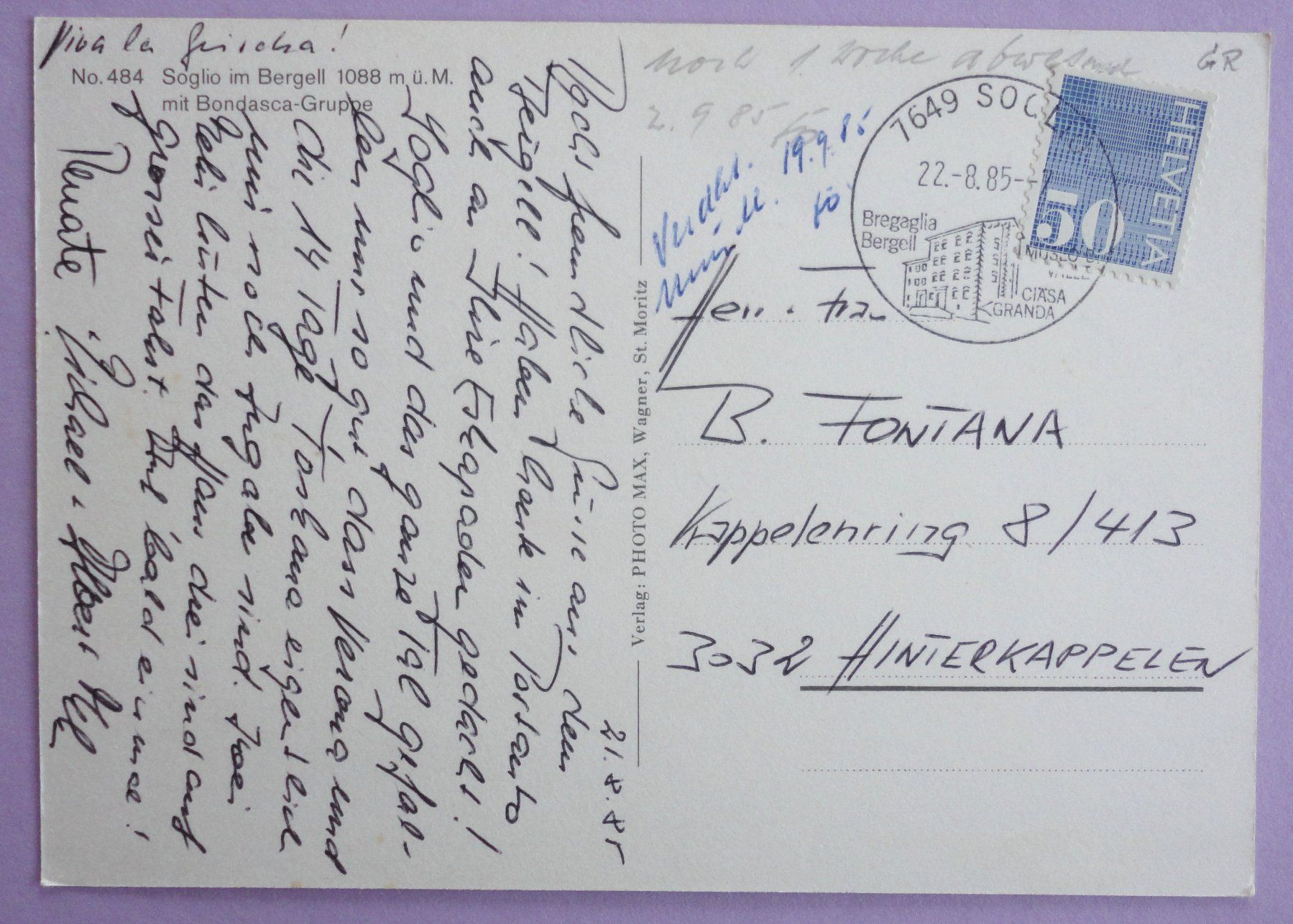 Cartoline postali: Soglio im Bergell, 1088 m ü.M. – Usato da Fétigny venduto da Billy2miny 1
