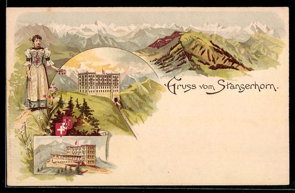 Cartoline postali: Litho Stanserhorn, Hotel mit Gebirgspano – Usato da Berlin venduto da bartko-reher