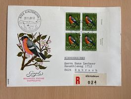 Schweiz 1968 ill. R-FDC 4er-Block PJ 20 Gimpel Ortsstempel