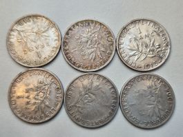🇫🇷 Lot 6* 1 Franc 1899 - 1919 *VF+* Silver 30g 835 Semeuse