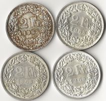Schweiz Münzen 4 x 2 Fr.  1965  Silber