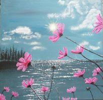 Acrylbilder See mit Blumen und Meer mit Segelschiff