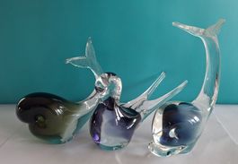 3 Glasfiguren-Set: Murano? Glasfiguren 1 Schwalbe, 2 Wale