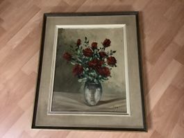 Ölgemälde Rosen in Vase signiert Holzrahmen gebraucht