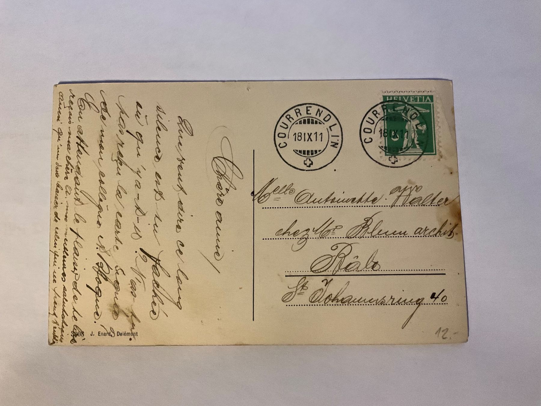 Ansichtskarten: AK Courrendlin, 1911 – Gebraucht aus schlieren von Retton 1