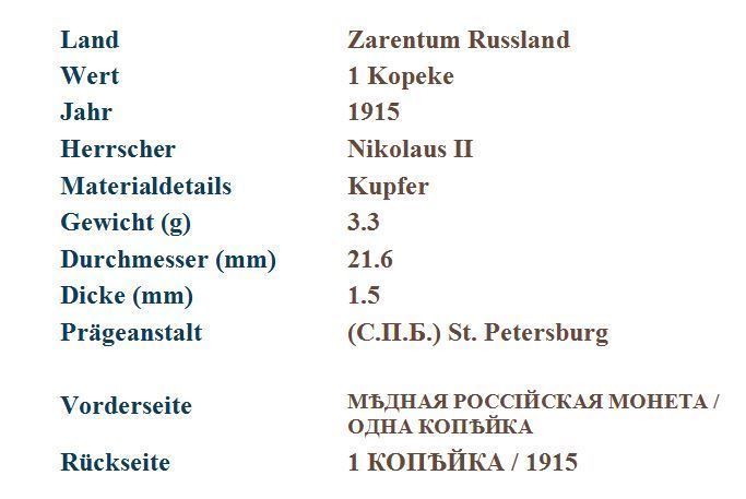 Tutti le monete: 1 Kopeke 1915 – Usato da Flamatt venduto da samowarow 1