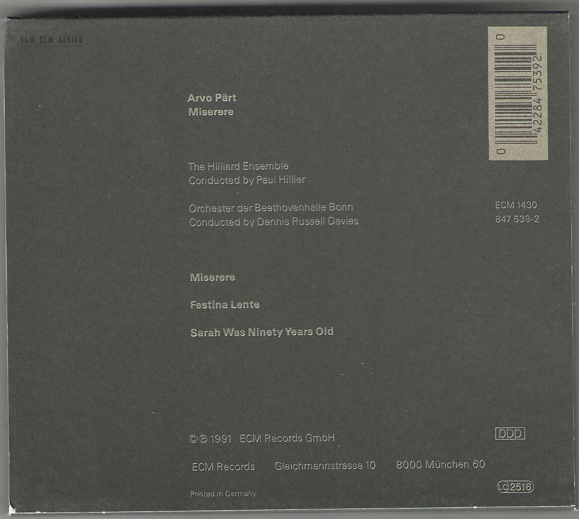 CD: Arvo Pärt - The Hilliard Ensemble : Misere – Usato da Genève venduto da CDLPBookS 1