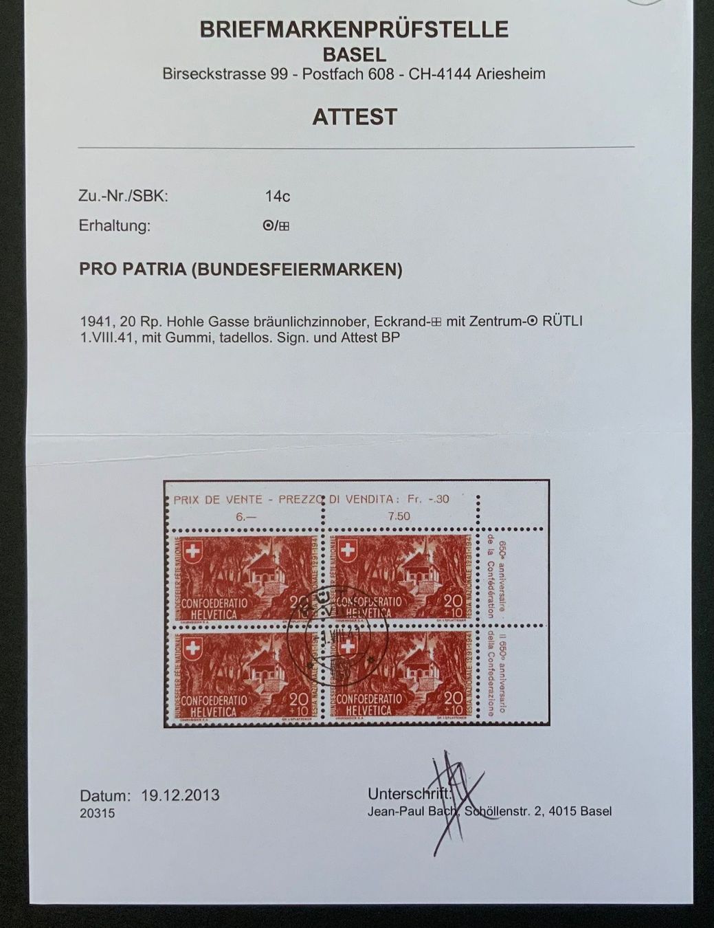 Alle Briefmarken: 1941 PP 14c Viererblock gest. mit Attest – Gebraucht aus Endingen von haifu 1