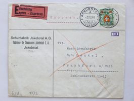 ZENSUR Brief 1940, Schuhfabrik Jakobstal > DE, 90Rp. Wappen