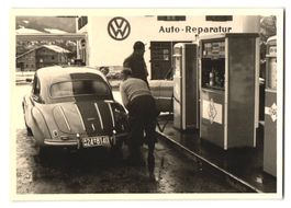 4 Fotografien Auto DKW, PKW an BV-Tankst