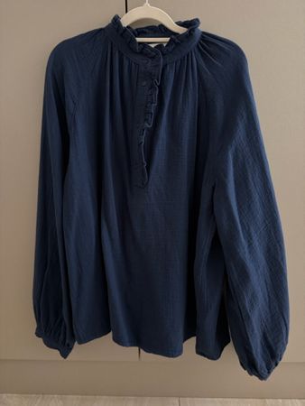 H&M Blouse blue size M ruffled collar long sleeve navy