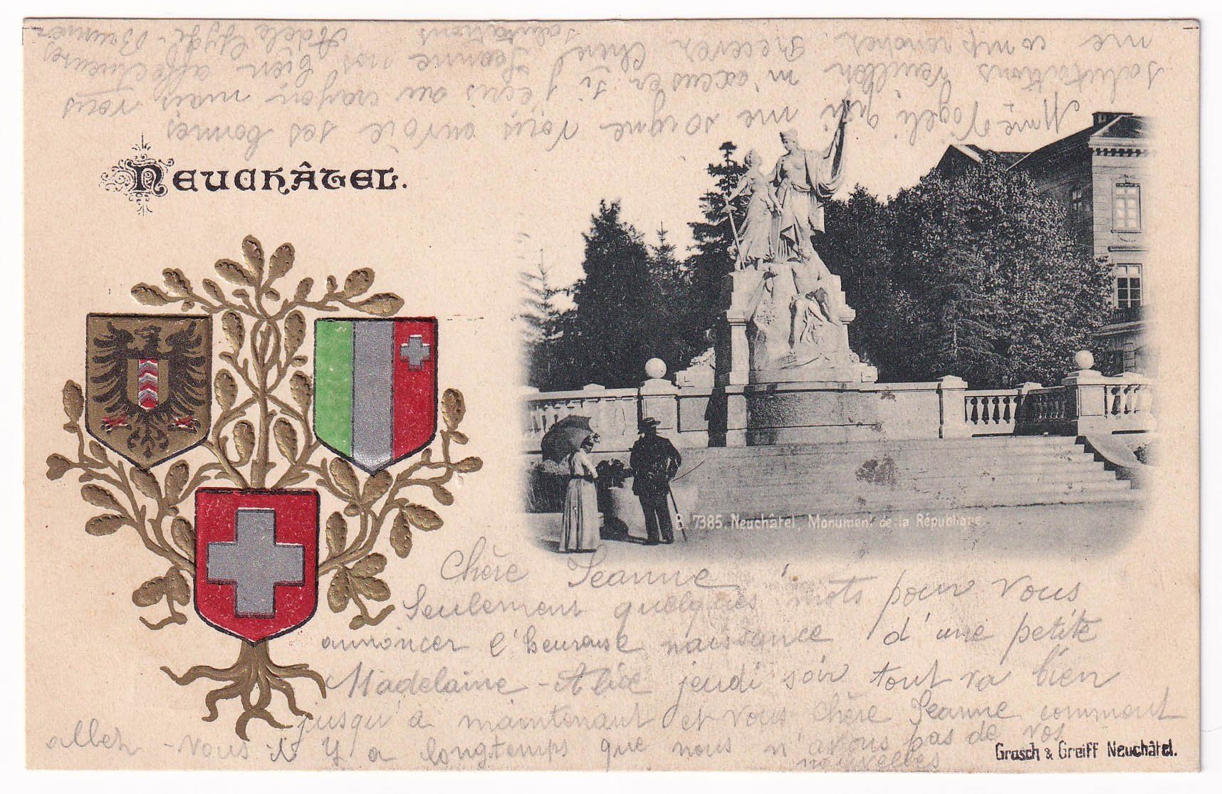 Cartoline postali: Neuchâtel.  Monument de la République. 1903 – Usato da Cormoret venduto da Pascalll2001