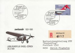 1931-1981 Swissair Jubiläumsflug  Basel - Zürich chargé