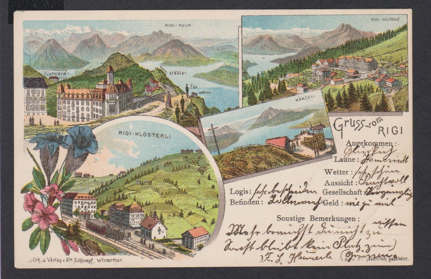 Cartoline postali: Rigi   -   alte Litho-Ansichtskarte von 1902 – Usato da Vitznau venduto da Ropaku