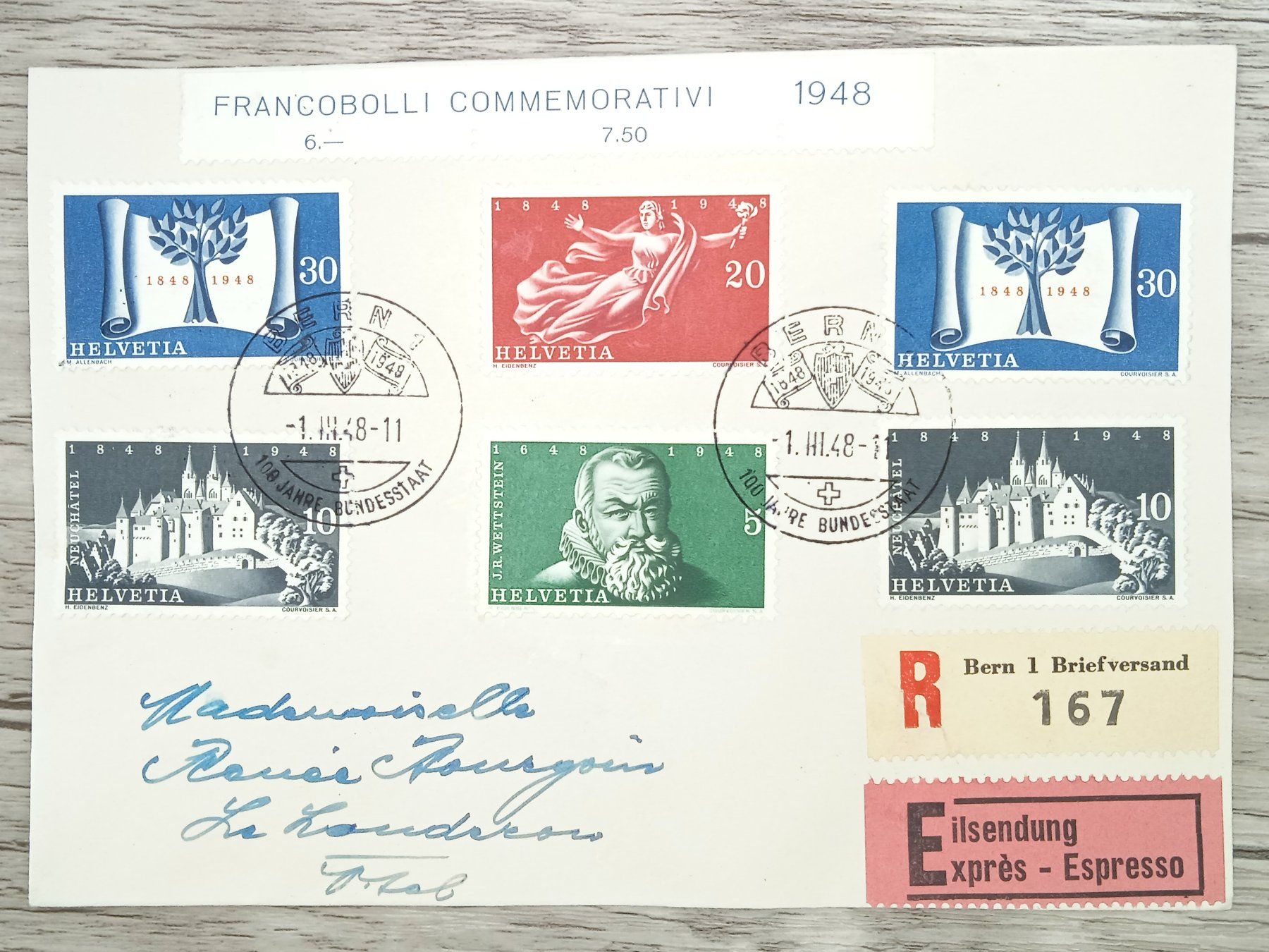 Tutti i francobolli: TR107 Enveloppe + Timbre Suisse 1948 – Usato da Cousset venduto da Patrick_Collections