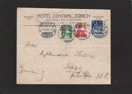 Hotel Central Zürich , 3 Farben Mischfrankatur , 29.lll.1914