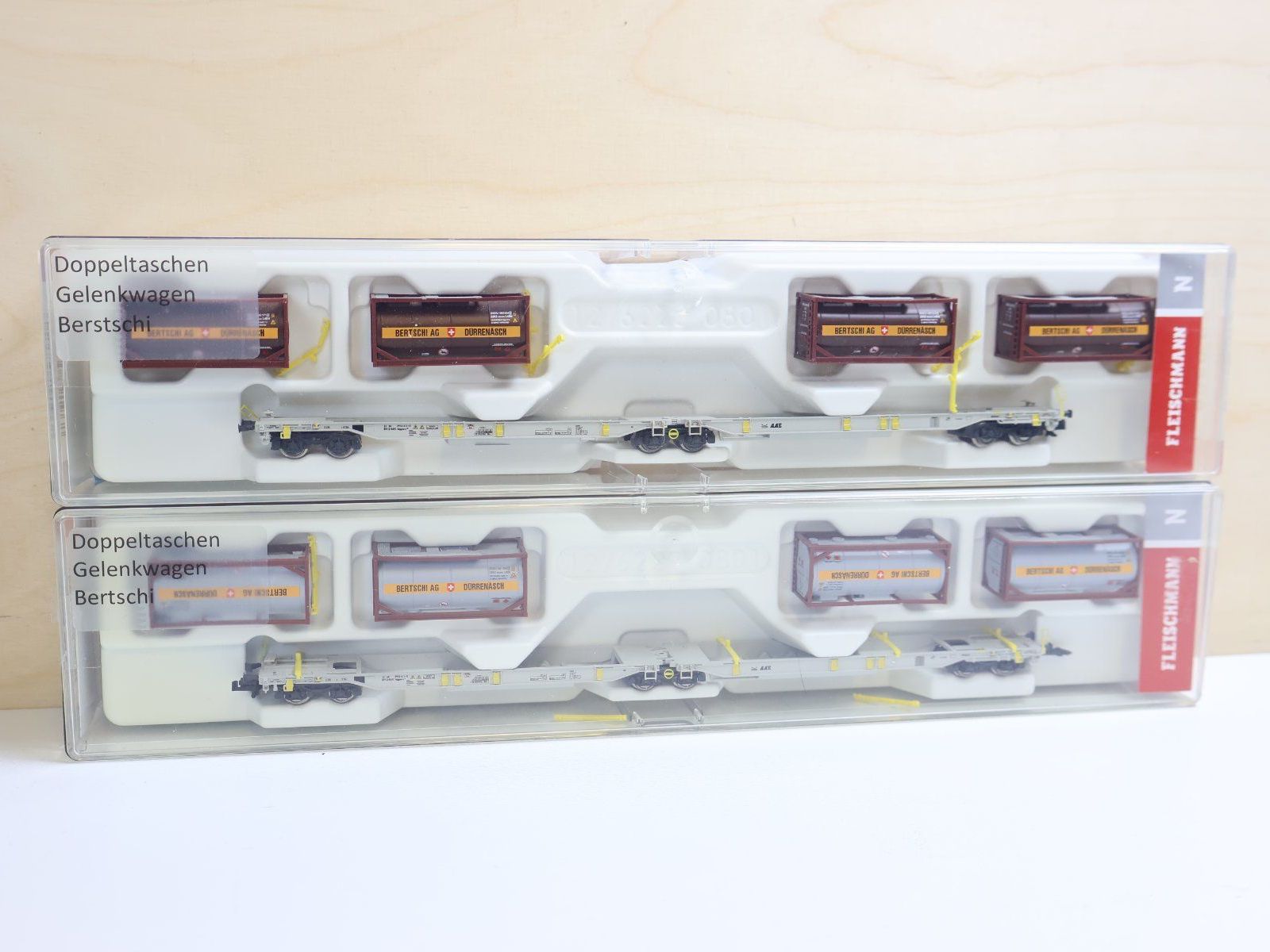 Fleischmann Modellini di ferrovie: Fleischmann 2 x SBB Doppel-Containerwagen - Bärtschi 8250 07 – Usato da Winterthur venduto da Monstera