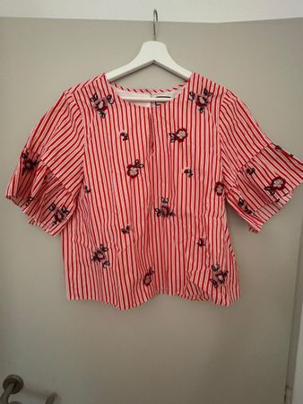 Menette Blouse Red White Stripe Embroidered Size M new