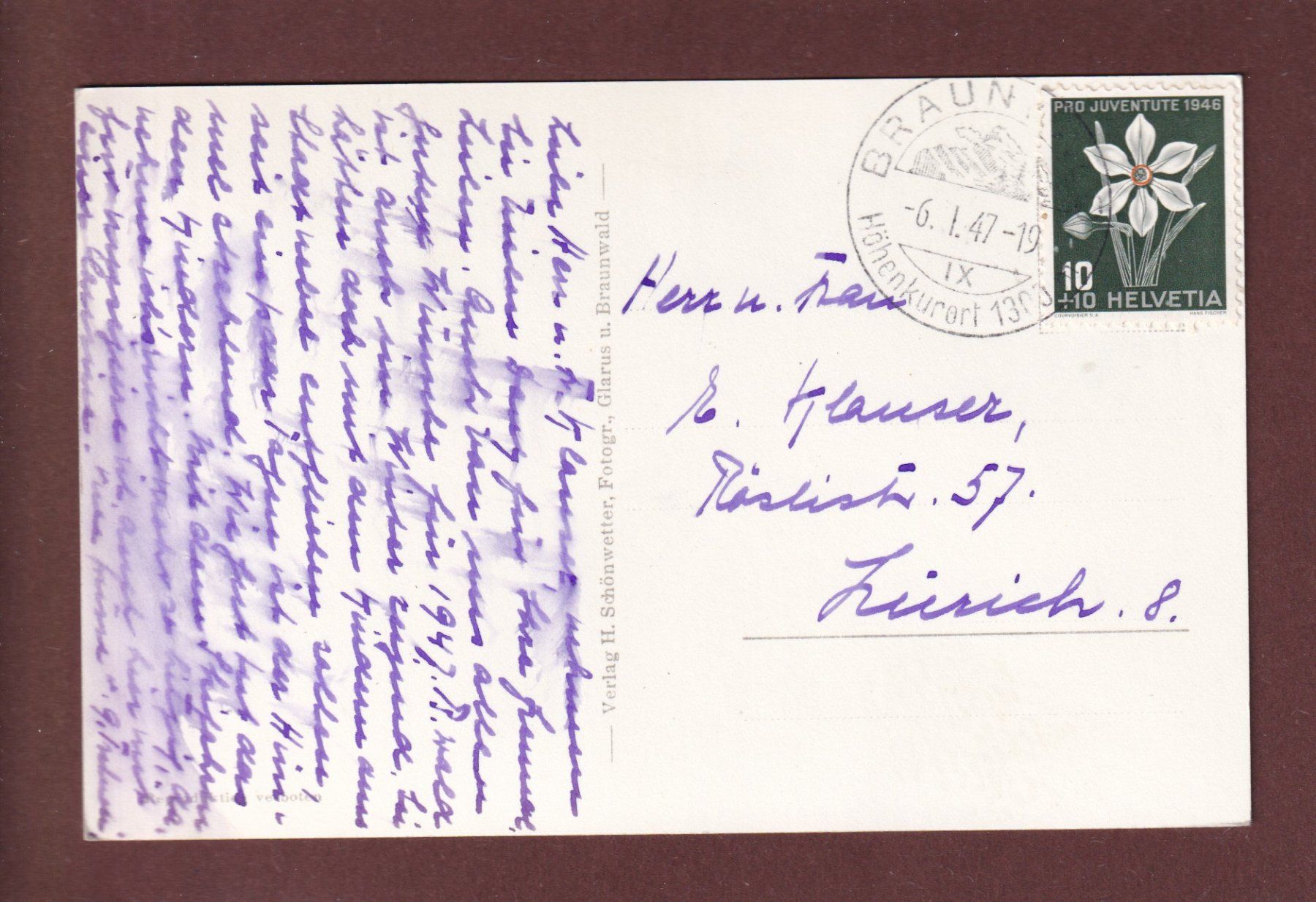 Cartoline postali: Winter auf BRAUNWALD - 1947 – Usato da Pully venduto da nicecards 1