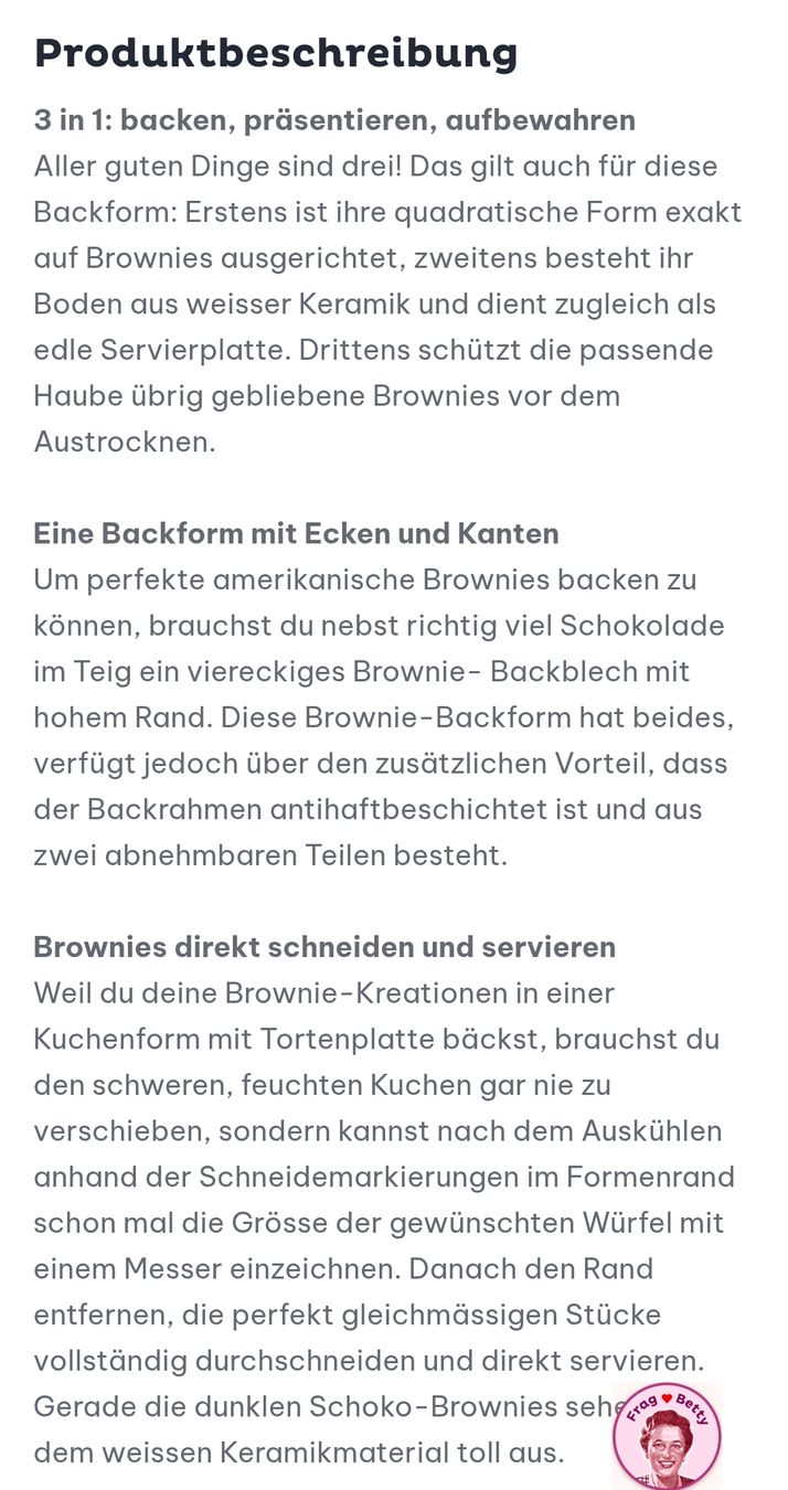 Betty Bossi Teglie da forno: Betty bossi Backform Brownies – Nuovo (secondo la descrizione) da Bremgarten AG venduto da irmscherastraH 1